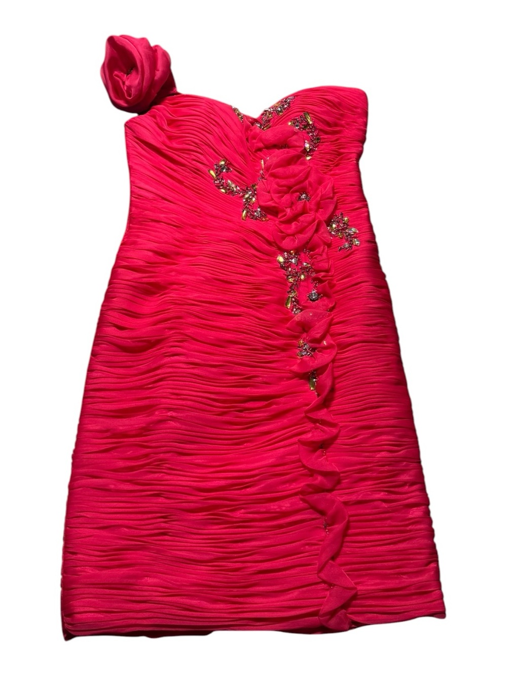 JANIQUE One-Shoulder Hot Pink Ruched Cocktail Dress 4 with Floral Applique - Picture 9 of 10